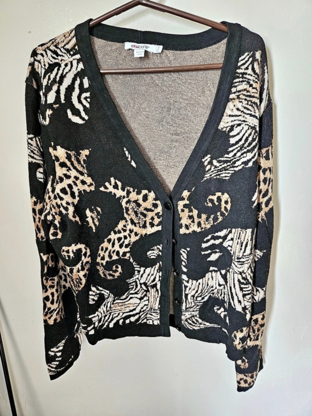 Chico's Zebra Leopard Animal Print Button Front Cardigan Black & Brown Size XL
